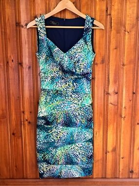 Dress Barn BodyCon Teal Multi-Color Sleeveless Midi Sheath Dress